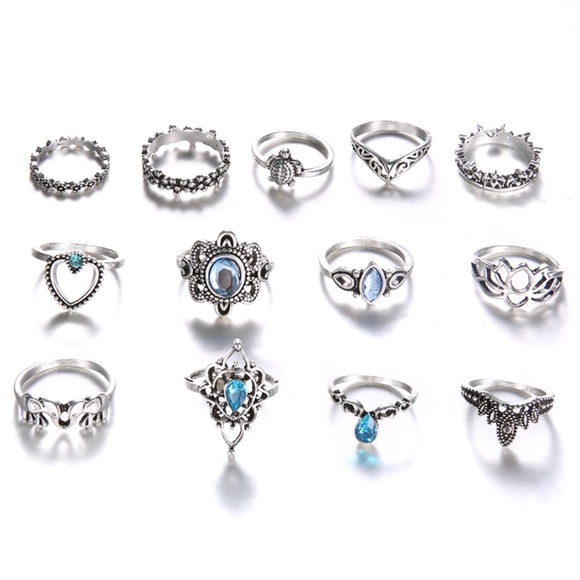 Last 1!🔹13pc. Boho Vintage Silver Stone Ring Set - Picture 2 of 8